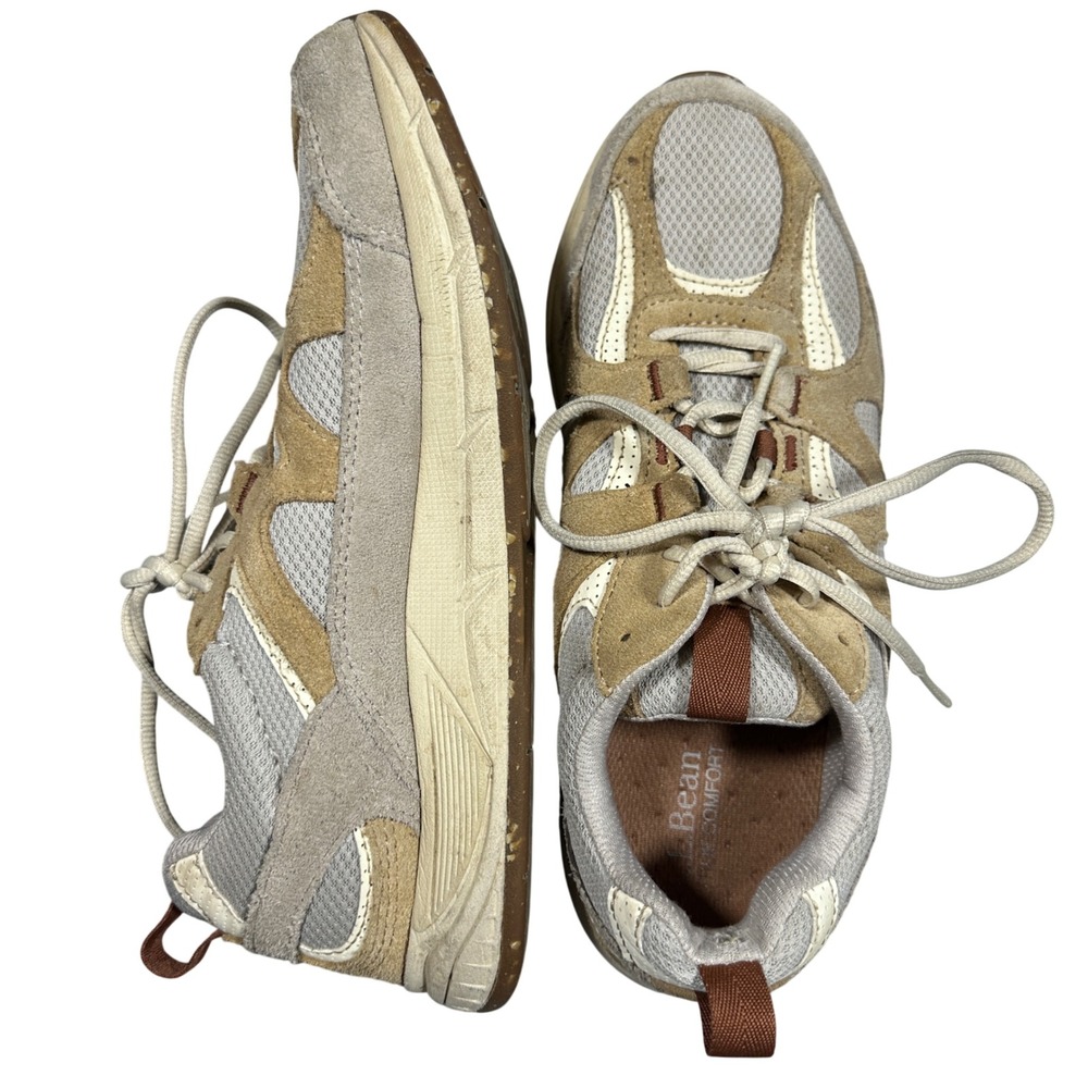 LL Bean Women Walking Shoes Tan Grey Suede Mesh Sneakers 524338 Size 9.5 Medium